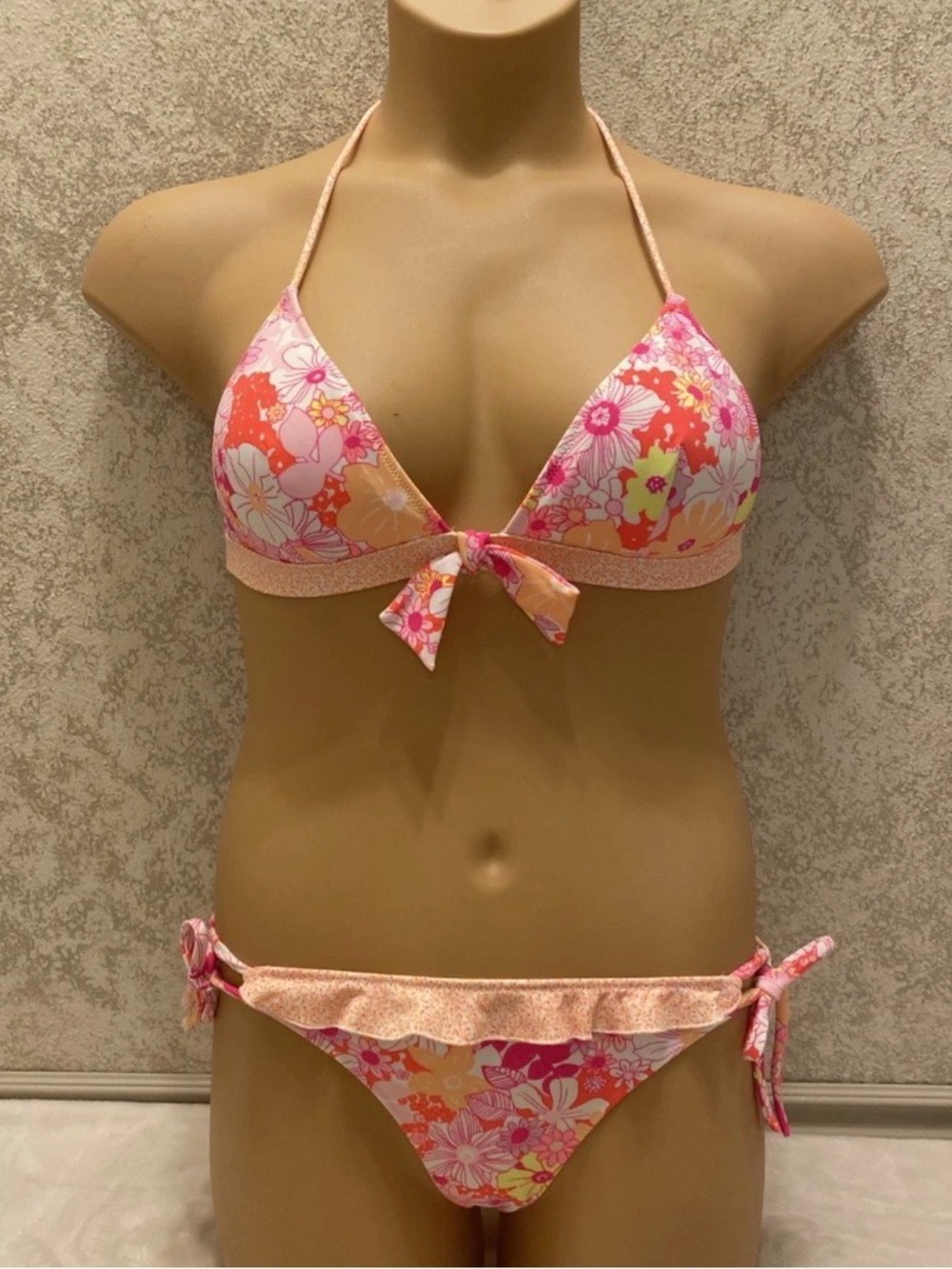 Victoria's Secret Floral Neon Pink and Orange Tie-Front Bikini Set